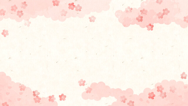 上品でやわらかな印象の和紙と水彩風カラーの春背景素材。桜と雲の和風水彩背景。Sakura Watercolor Japanese Background.