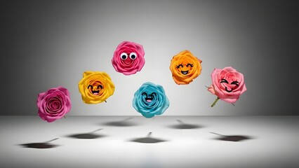 Valentine's Day: Cute Floating Roses With Funny Faces 3D Render