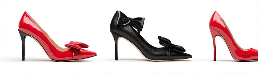 Three shiny high-heeled shoes, red and black, decorated with bows, on white