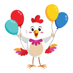 Cute cartoon bird flying with colorful balloons at a happy birthday party in the sky