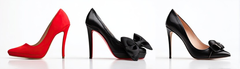 Three elegant high-heeled pumps, one red, two black, on bright white backdrop