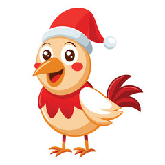 Festive feathered friend: A charming cartoon bird dons a festive red Santa hat and scarf, embodies the holiday spirit with cheerful smile.