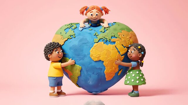Diverse Children Hugging Heart Earth Sphere Clay Art Love Planet Global Unity.