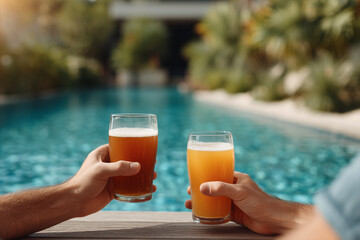 Two friends clinking beer glasses by clear blue pool at golden hour, relaxed summer vibe and warm sunlight.