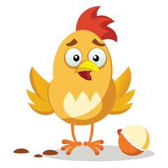Chicken's surprise: a whimsical illustration of a yellow chicken with a shocked expression, an egg near it.