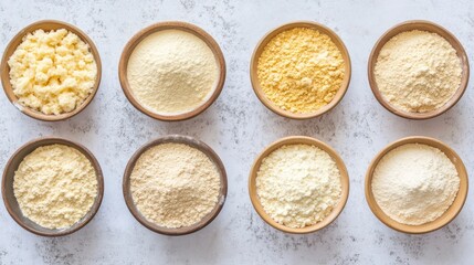 Assorted flours in small bowls, flat lay