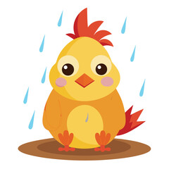 Yellow Chick's Rainy Day Blues: A charming illustrated chick, drenched in a gentle downpour, embodies innocence and the delicate simplicity of childhood.
