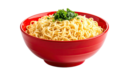 A vibrant red bowl filled with cooked noodles, garnished with fresh green herbs