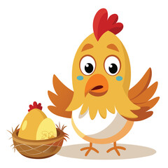 A Curious Hen and Her Eggs: A bewildered hen stands beside her nest, filled with golden eggs, in this charming illustration.