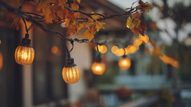 Warm glowing string lights hang among autumn leaves, creating a cozy and inviting outdoor ambiance. Soft bokeh highlights the festive seasonal atmosphere in a backyard or patio setting