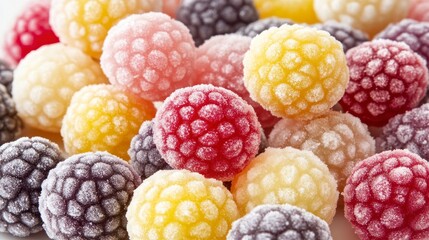 Close-up of colorful, textured, berry-shaped candies