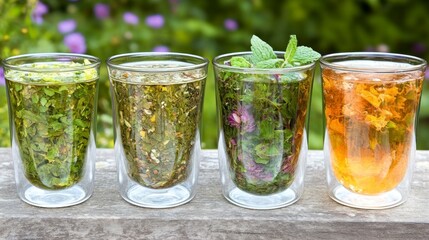 Four glasses of various herbal teas on a wooden surface, outdoors