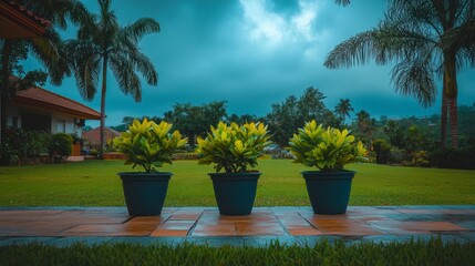 Three potted plants on a tiled patio, under a dramatic sky