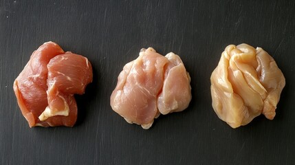 Raw chicken breasts and thighs on dark surface