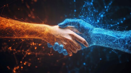 Two hands, one human, one digital, shake