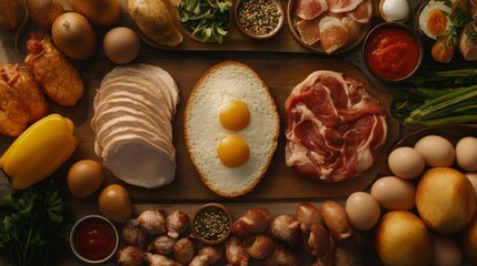 Overhead view of breakfast ingredients arranged on a wooden board, including eggs, meat, bread, and vegetables