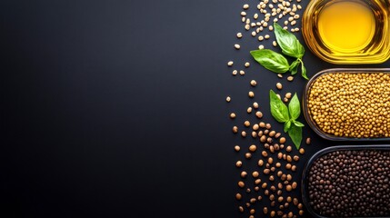 Dark background with  seeds and oil