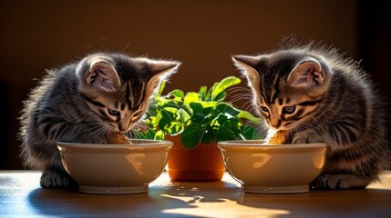 Two tabby kittens eating from bowls (1)