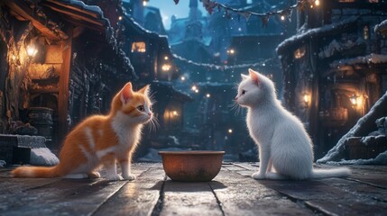 Two kittens in a snow-dusted village street, looking at each other near a bowl