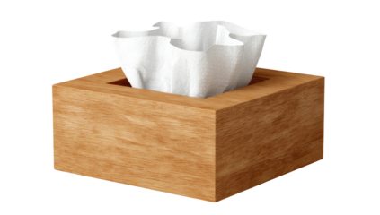 Tissues spill from wood box. Clean white square layers. Isolated on black