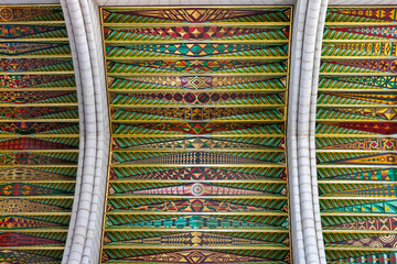 Detail of the magnificent paintings on the ceiling of the Almudena Cathedral, Madrid, Spain