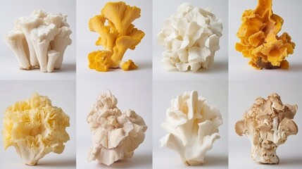 Close-up view of various mushroom types, each with unique color and texture