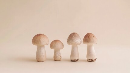 Four mushrooms in a row against a pale beige background
