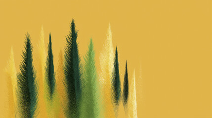 Artistic Illustration of Stylized Evergreen Trees on Warm Yellow Sky