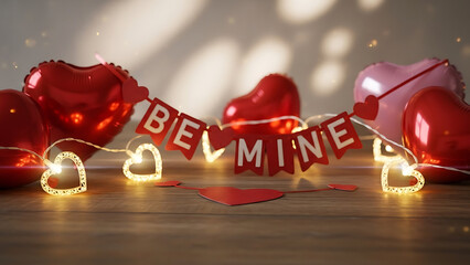 Romantic be Mine Banner with Glowing Heart Lights and Balloons on Wooden Table