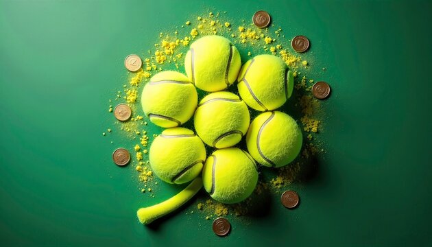 Group of yellow tennis balls arranged in a shamrock shape on green background, sprinkled with gold coins. Perfect for St. Patrick&rsquo;s Day sports and tennis-themed
