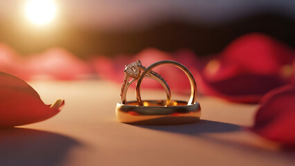 Gold Wedding and Diamond Engagement Rings on a Table with Rose Petals