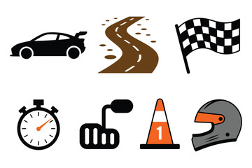 Racing Icons Collection, Featuring Helmet, Stopwatch, Track, Car, Gear Shift, Cone, Flag, and Speedometer Vector Illustrations