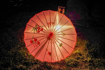 夜の庭園に輝く日本の伝統的な和傘のライトアップ