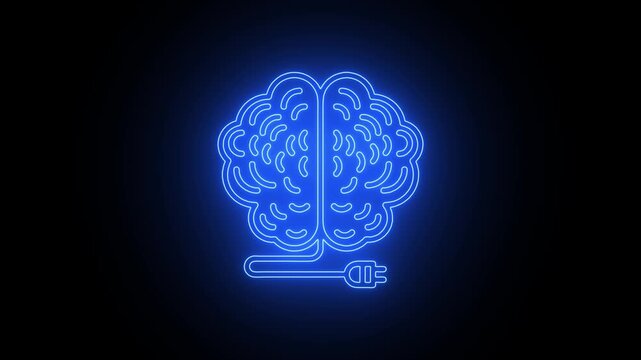 Blue neon brain with electric plug glowing on dark background