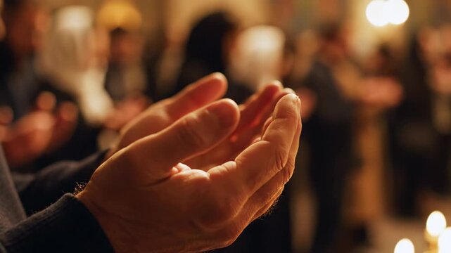 A close-up, warm shot of a worshipper's hands performing supplication inside a prison, showing spiritual devotion.