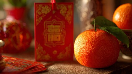 Vibrant Chinese New Year Celebration with Oranges and Red Envelopes