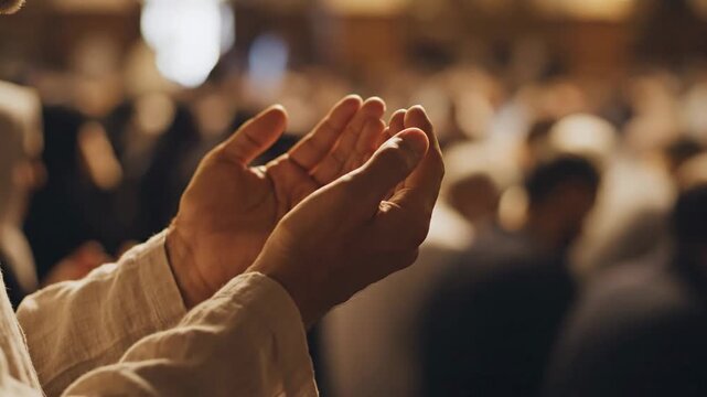 Warm, golden light highlights the close-up of a worshipper praying inside a mosque during ramadan.