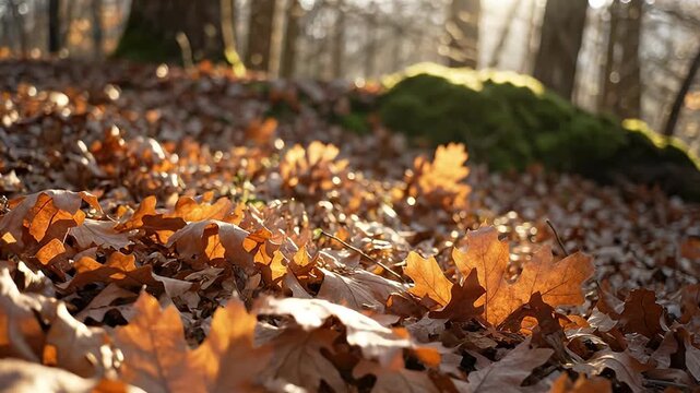 This serene close-up shot captures a vibrant carpet of autumn leaves bathed in warm, golden sunlight filtering through a soft-focus forest background. Individual maple-like leaves in rich orange and b