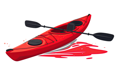 A vibrant red kayak with black paddle, resting atop a red splash, set against a dark backdrop