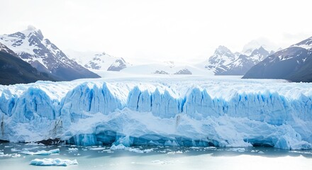 どこまでも続く広大な氷河と堂々とそびえる雪山が織りなす壮麗な絶景澄み渡る眩い光が巨大な青い氷壁をドラマチックに照らし幻想的な世界を創造する. AI Generated