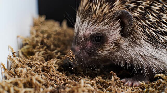 Close Up of Hedgehog Sniffing Around Moss in Enclosure Pet Rodent