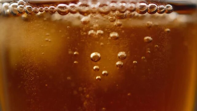 Closeup of fizzy cola with rising bubbles.
