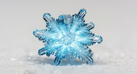 降り積もる静寂な白い雪の上に凛と立つ青く輝く氷の結晶 まるで宝石のように内部から放たれる鮮やかな光が透明な層の複雑な模様を神秘的に照らし出し澄み切った冷たい冬の空気感を伝える幻想的な美しさ. AI Generated