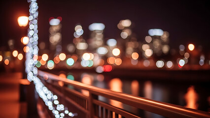 Blurred Urban Landscape at Night with Colorful Bokeh Lights and Illuminated Railing