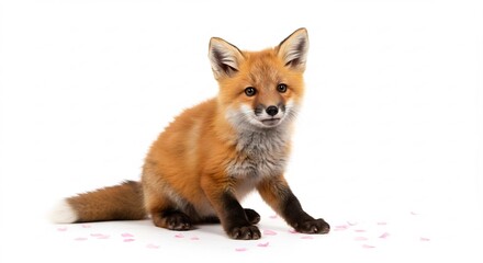 明るいスタジオライトに照らされた赤毛の可愛いキツネの子ぎつね。純白の背景が愛らしさを際立たせ、まっすぐ見つめる瞳が魅力的。. AI Generated