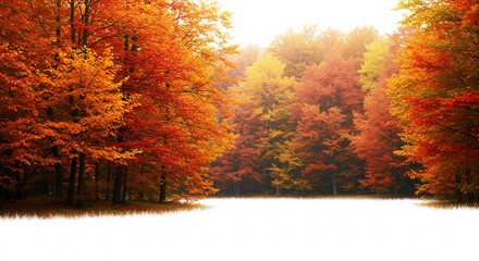 燃えるような赤とオレンジに輝く豊かな秋の森 奥深く差し込む柔らかな陽光が木々全体を黄金色に染め上げ息をのむほど美しい幻想的な自然風景が目の前に広がる. AI Generated