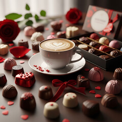 Romantic Coffee and Chocolates with Red Roses for Valentines Day