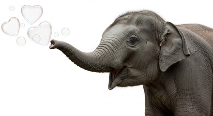 白い背景で愛らしい仔ゾウが鼻からハートのシャボン玉を楽しく吹き出す瞬間. AI Generated