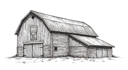 手描きペン画のレトロな納屋イラスト 古き良き時代を想起させる素朴な農家の風景スケッチ. AI Generated