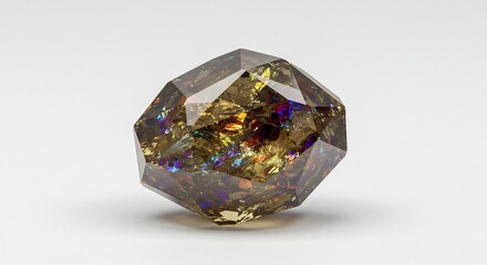 輝く光を浴びた多面体の宝石。内部の複雑な構造が虹色にきらめき神秘的な美しさを際立たせるクローズアップ。. AI Generated